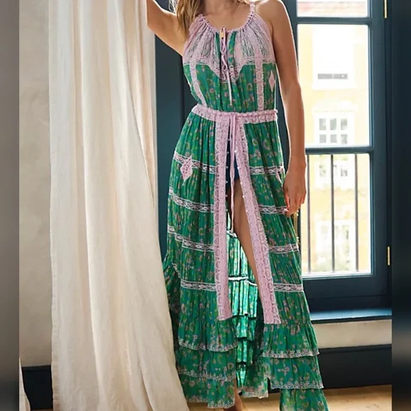 lace boho dress Pink Maxi Floral exotic Hawaii dress brand: Devon Windsor not obvious Select size:XL